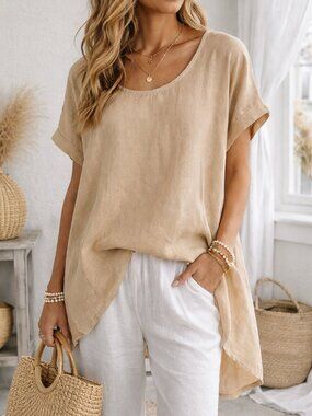 Made in Italy Linen Tunic M Beige Oversized High Low Minimalist Coastal Top